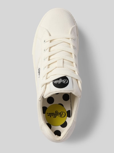 Produktfoto, Sneaker mit Plateausohle Modell 'PAIRED' van Buffalo, dames sneakers van textiel met afgeronde punt, vetersluiting, labeldetail en plateauzool, hakhoogte maat 40: 5 cm, schachthoogte maat 40: 7 cm, schachtbreedte maat 40: 9 cm, kleur gebroken wit, detail van textieltextuur en contrasterende zool