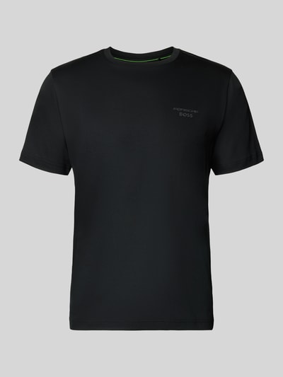 Produktfoto, schwarzes Regular Fit T-Shirt aus reiner Baumwolle Modell 'PS Spirit 70 Grx' von BOSS Green X PORSCHE, unifarben, mit Label-Applikation und Rundhalsausschnitt, glatte Textur, kurzarm, 4way Stretch