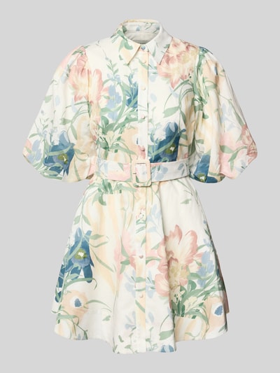 Produktfoto, Minikleid aus Leinen-Mix mit Puffärmeln Modell 'OLLIIV' von Ted Baker, florales Muster in Pastellfarben, taillierter Schnitt, Hemdblusenkragen, Knopfleiste und Gürtel mit Dornschließe, strukturierte Oberfläche