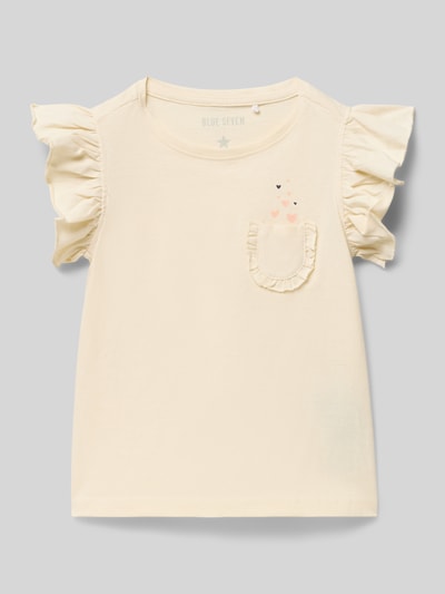 Produktfoto, Regular Fit T-Shirt mit Rüschenbesatz von Blue Seven, Kinder T-Shirt aus Reine Baumwolle, Rüschenbesatz, Brusttasche, Rückenlänge 38 cm bei Größe 116, cremefarben, weiche Textur