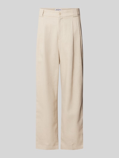 Produktfoto, Relaxed Fit Stoffhose mit Gürtelschlaufen von JAKE*S STUDIO MEN, beżowy kolor, szerokie nogawki, kieszenie, szerokość w rozmiarze M 45 cm, długość nogawki 77 cm