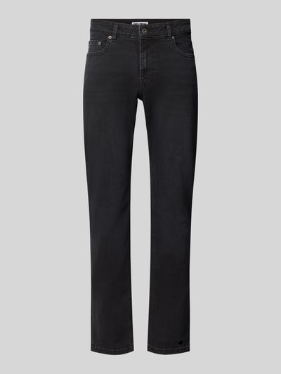 Produktfoto, schwarze Slim Fit Jeans aus elastischem Baumwoll-Mix mit Gürtelschlaufen von REVIEW, 5-Pocket-Design, texturiertes Material