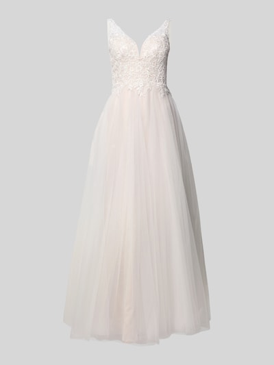 Produktfoto, Brautkleid mit floralem Spitzenbesatz von Mascara in Maxilänge, taillierte Passform, Tüll-Rockteil, Herz-Ausschnitt, ärmelloses Design, Nahtreißverschluss, Farbe Weiß, feine Spitze und zarte Textur.