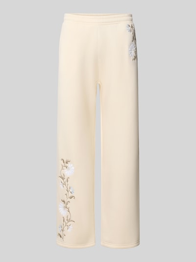 Produktfoto, Straight Fit Sweatpants mit floraler Stickerei von REVIEW im Baumwoll-Mix, cremefarben, elastischer Bund, Eingrifftaschen, Innenbeinlänge 45 cm