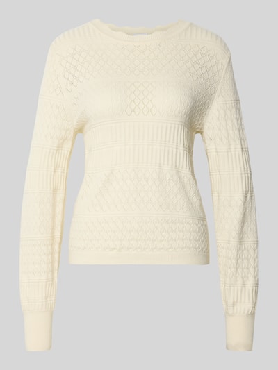 Produktfoto, Regular Fit Pullover aus Viskose-Mix Modell 'Milos' von Vila, cremefarben, Strick-Optik mit Lochmuster, langärmelig, Rundhalsausschnitt, elastische Abschlüsse.