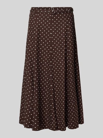 Produktfoto, Midirock aus Leinen-Viskose-Mix Modell 'ROMEO' von Mango in Braun mit weißen Punkten, A-Linie, Allover-Look, Gürtel, Damen, Bundweite 37 cm, Gesamtlänge 74 cm, Struktur glatter Stoff.