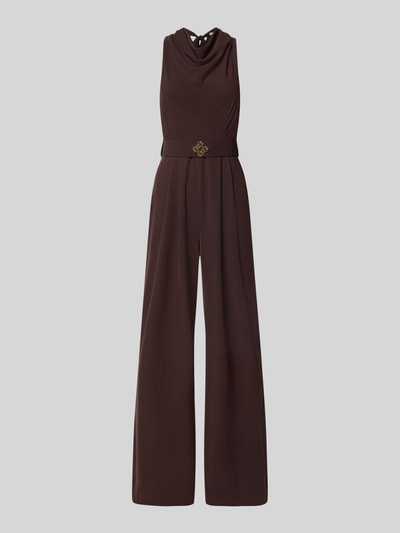Produktfoto, dunkelbrauner Jumpsuit mit Neckholder von Rinascimento, taillierte Passform und Stoffgürtel, Material-Mix mit Stretch-Anteil