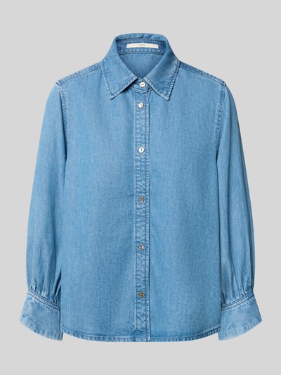 Produktfoto, Regular Fit Hemdbluse aus reinem Lyocell in Denim-Optik von Lanius, langärmeliges Design, durchgängige Knopfleiste, Hemdblusenkragen, blaue Farbe, glatte Textur, Rückenlänge 64 cm, Ärmellänge 52 cm bei Größe 36.