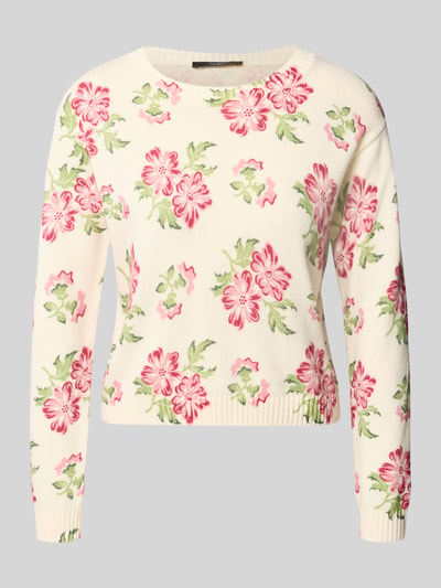 Produktfoto, Boxy Fit Strickpullover aus reiner Baumwolle Modell 'EDITTO' von Weekend Max Mara in Strickoptik mit floralem Muster und Intarsie, Rundhals, Langarm, gerippte Abschlüsse, Materialverarbeitung Strick, cremefarbener Hintergrund mit rosa und grünen Akzenten.