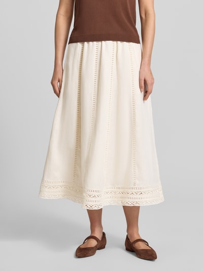 Frauenmodel trägt Ausgestellter Maxi-Rock aus reinem Leinen von Weekend Max Mara, Optik: Unifarben, Regular-Fit, Lochstickerei, Bundabschluss: elastisch, Materialverarbeitung: Flammgarn, Material: Leinen, Ganzkörperansicht von vorne.