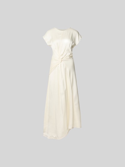 Produktfoto, Maxikleid mit Viskose-Anteil von Victoria Beckham aus Acetat-Viskose-Mix, taillierte Passform, Rundhalsausschnitt, rückseitiger Reißverschluss, kurzärmeliges Design, cremefarbener Stoff, glatte Textur, Gesamtlänge 140 cm, Brustweite 40 cm, Größe 36.