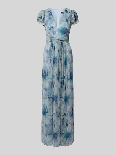 Produktfoto, Maxikleid mit floralem Allover-Print von SWING, taliowany krój, plisowany materiał, Dekolt w serek, Z krótkim rękawem, błyszczący efekt, Obszycie falbanami, Długość tyłu w rozmiarze 36: 140 cm, Szerokość klatki piersiowej w rozmiarze 36: 34 cm, Długość rękawów w rozmiarze 36: 16 cm