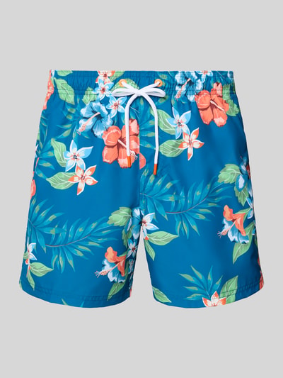Produktfoto, Badehose mit Gesäßtasche und Label-Patch von Sundek, blau mit buntem Blumenmuster, elastischer Bund, Kordelzug, Eingrifftaschen