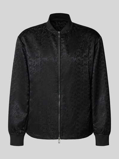 Produktfoto, blouson met tweewegritssluiting van ARMANI EXCHANGE in zwart glanzende stof, recht model, opstaande kraag, ribboorden, maat M: ruglengte 67 cm, schouderbreedte 51 cm, borstwijdte 61 cm, mouwlengte 66 cm, subtiele structuur, ton-sur-ton logo-design