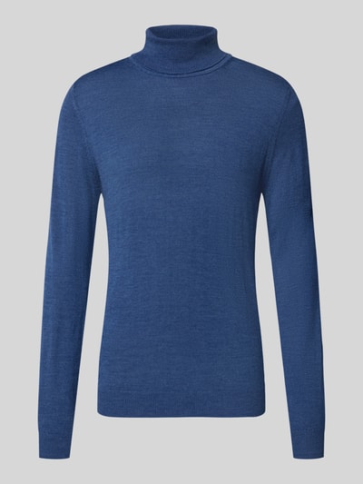 Produktfoto, Wollpullover mit Rollkragen von Christian Berg Men in Blau, gerader Schnitt, Woll-Mix, gerippte Abschlüsse, klassische Textur