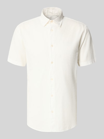 Produktfoto, Regular Fit Freizeithemd aus Baumwoll-Leinen-Mix von Jack & Jones in Creme mit Kentkragen und Knopfleiste, glatte Textur. Modell 'BREEZE', Rückenlänge 76 cm, Schulterbreite 50 cm, Ärmellänge 26 cm.