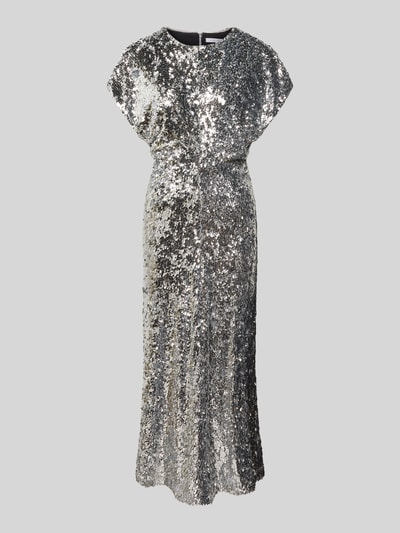 Produktfoto, Maxikleid met pailletten- en siersteentjesbezat van Rich & Royal, zilver, elastische materiaalmix, getailleerd, maxilengte, ronde hals, met korte mouwen, naadritssluiting achter, ruglengte maat 36: 135 cm, borstwijdte: 48 cm, mouwlengte: 23 cm.