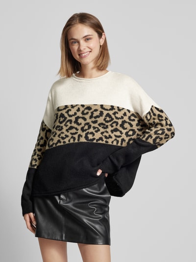 Only Regular Fit Strickpullover mit Animal-Print Colour-Blocking Modell 'JADE' Taupe Melange 4