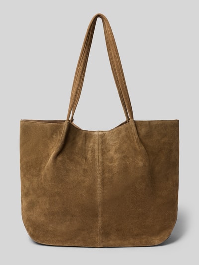 Produktfoto, Tote Bag aus echtem Rindsleder Modell 'Bella' von MANGO in Braun mit schmalen Schulterriemen, Magnetverschluss, glatter und matte Ledertextur, Maße 47x31x13 cm, Schulterriemen 60 cm lang