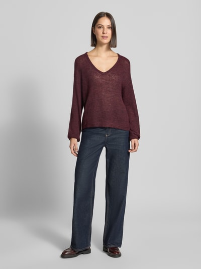 FREE/QUENT Sweter o kroju relaxed fit z domieszką wełny z alpaki model 'Dido' Bordowy melanż 1