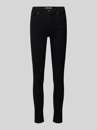 Produktfoto, Slim Fit Jeans im 5-Pocket-Design von REVIEW, czarny kolor, mieszanka bawełny elastycznej, szerokość w rozmiarze 27: 34 cm, długość wewnętrzna nogawki w rozmiarze 27: 71 cm, zapięcie na guzik i zamek błyskawiczny.