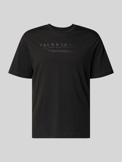 Produktfoto, T-Shirt mit Logo und Rundhalsausschnitt von Jack & Jones, czarny, bawełna, krój regular fit, długość tyłu w rozmiarze M 71 cm