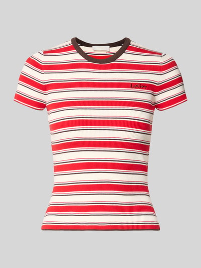 Produktfoto, T-Shirt mit Logo-Stitching Modell 'Danielle' von LeGer by Lena Gercke, mieszanka wiskozy, dopasowany krój, drobne prążkowanie, okrągły dekolt, wyhaftowane logo, długość tyłu w rozmiarze 36: 50 cm, damski t-shirt w czerwono-białe paski