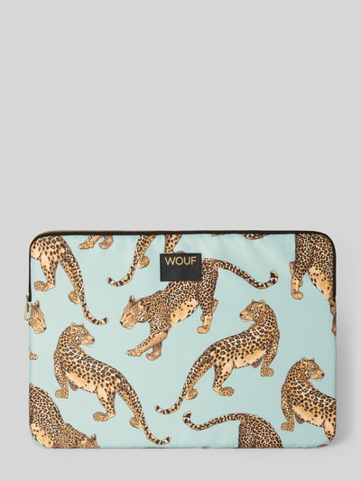 Produktfoto, Laptoptasche mit Allover-Motiv-Print Modell 'Leopard' von WOUF z jasnoniebieskim tłem, motyw lamparta, logo, tekstura gładka, damska laptoptasche z główną komorą na zamek, logo-patch
