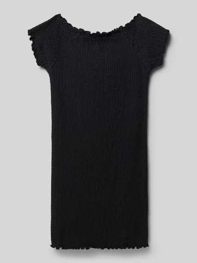 Produktfoto, Enganliegend Freizeitkleid aus Baumwoll-Mix Modell 'JOJO' von Only, jednokolorowy czarny, krój slim fit, długość midi, dekolt w łódkę, krótki rękaw z falbaną, falbana na dole, wykończenie materiału: marszczenie