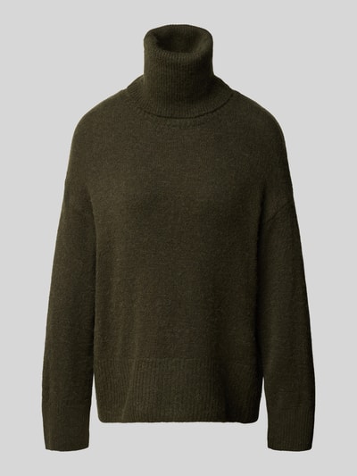 Produktfoto, sweter z dzianiny Strickpullover mit Rollkragen Modell 'KAMARA' od ICHI, Mieszanka materiałów z domieszką alpaki, krój relaxed fit, golf, Długość tyłu w rozmiarze S: 64 cm, Długość rękawów w rozmiarze S: 46 cm, kolor ciemnozielony, gładka dzianina, delikatna faktura
