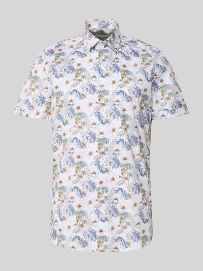 Productfoto, Slim Fit Business-Hemd mit Kentkragen und floralem Print van OLYMP Level Five, wit met blauwe en bruine bloemenprint, katoenmix met stretch, context: heren business-hemd, slim fit, kentkraag, ruglengte 73 cm, schouderbreedte 43 cm, mouwlengte 24 cm