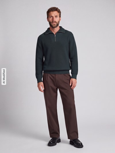 Selected Regular Fit Pullover aus reiner Baumwolle mit Troyer-Kragen Dunkelgruen 1