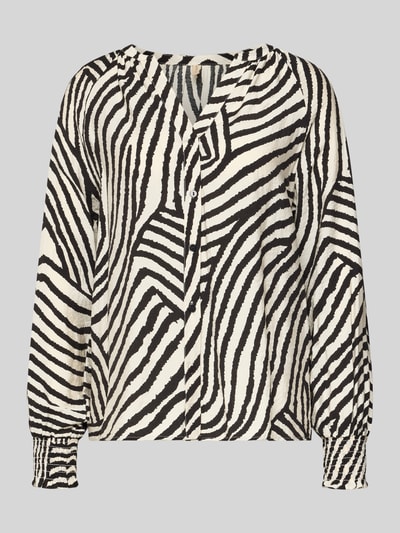 Produktfoto, schwarz-weiß gemusterte Hemdbluse mit Knopfleiste Modell 'BECCA' von Soyaconcept aus Viskose-Mix, lockerer Schnitt, V-Ausschnitt