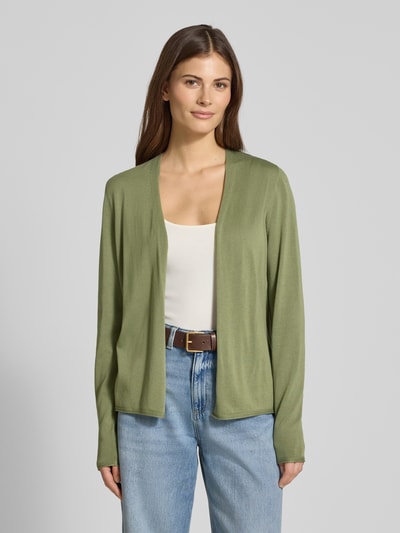 Kobiece modelka nosi Regular Fit Cardigan aus Baumwoll-Viskose-Mix od s.Oliver RED LABEL, jednolity kolor, krój regular fit, bez zapięcia, długi rękaw, zrolowane brzegi, dzianina, mieszanka bawełny i wiskozy, widok całej sylwetki z przodu.