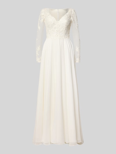 Produktfoto, Brautkleid mit Stitchings und V-Ausschnitt von LUXUAR FASHION, weißer Chiffon, A-Linie, Maxilänge, zarte Stickereien