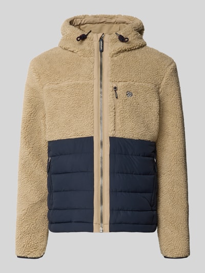 Produktfoto, Regular Fit kurtka z futerka Model 'Borg' od Superdry, beżowa góra, granatowy dół, kaptur z tunelem, wpuszczane kieszenie, Długość tyłu w rozmiarze M: 64 cm, szerokość ramion w rozmiarze M: 45 cm, szerokość klatki piersiowej w rozmiarze M: 55 cm, długość rękawów w rozmiarze M: 68 cm