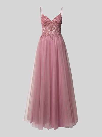 Produktfoto, Maxikleid mit Perlen und Pailletten von Hey Kyla in Rosa, Tüll, A-Linie, V-Ausschnitt, Spaghettiträger, feine Textur. Rückenlänge bei Größe 36: 132 cm, Brustweite: 33 cm, Ärmellänge: 127 cm.