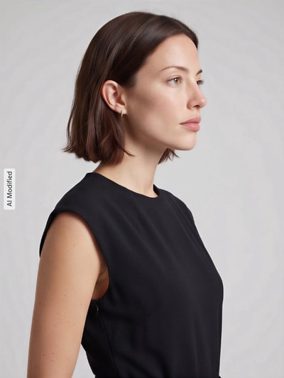 Frauenmodel trägt Regular Fit Jumpsuit mit Bindegürtel Modell 'Kathalia' von HUGO in Schwarz, glatte Textur, Nahaufnahme Oberkörper, KI-modifiziertes Bild. Damen Jumpsuit von HUGO.