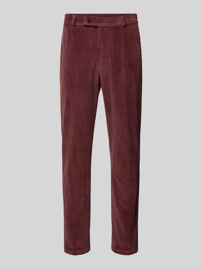 Produktfoto, Slim Fit Hose aus Baumwoll-Mix in Cord-Optik Modell 'Cliffer' von Zuitable, bordeauxfarben, sichtbare Eingriff- und Gesäßtaschen, strukturierte Oberfläche, Knopf- und Reißverschluss, elastisches Material, Herrenhose, Kontext: Elastischer Baumwoll-Mix, Bundweite 37 cm, Innenbeinlänge 76 cm.