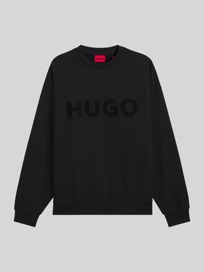 Produktfoto, Oversized Sweatshirt aus reiner Baumwolle Modell 'DINEX' von HUGO, unifarbenes Schwarz, Rundhals, gerippte Abschlüsse, Label Print auf der Front.