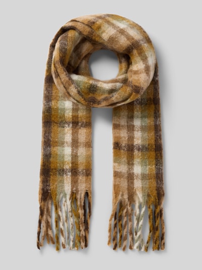 Produktfoto, szal z wzorem tartan model 'Plaity Scarf' od Barts, damski szal od Barts, brązowy, beżowy i biały, miękka tekstura
