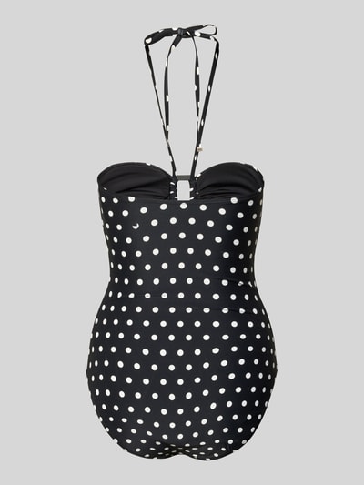 Produktfoto, schwarzer Bandeau-Badeanzug im Allover-Look Modell 'CLASSIC DOT BANDEAU' von Michael Kors mit weißen Punkten, Material-Mix mit Stretch-Anteil, körpernahe Passform, Damen Bademode