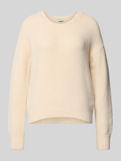 Produktfoto, Oversized Fit Strickpullover mit Rundhalsausschnitt von Milano Italy, cremefarben, gerippte Abschlüsse, Strick-Optik, elastischer Material-Mix