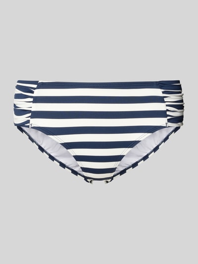 Produktfoto, Mid Waist Bikini-Slip mit Label-Detail Modell 'Yadbor' von Barts, gestreift in Dunkelblau und Weiß, Material-Mix mit Stretch-Anteil, Seitliche Raffungen, Damen Bikini-Slip, Rückseitiges Label-Detail, glatte Textur