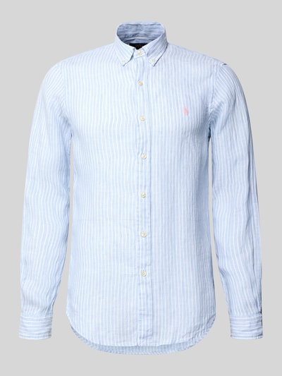 Produktfoto, Slim Fit Freizeithemd aus reinem Leinen von Polo Ralph Lauren, wielokolorowe paski, detal z logo, krój slim fit, kołnierzyk button down, listwa guzikowa, długi rękaw, sportowy mankiet, zaokrąglone wykończenie, materiał: czysty len, wykończenie: cieniowana przędza