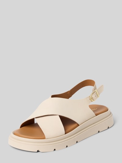 Produktfoto, Sandalen aus echtem Leder von Tamaris in Beige mit Plateauabsatz, Dornschließe und strukturierter Sohle, Material mit Strukturmuster.
