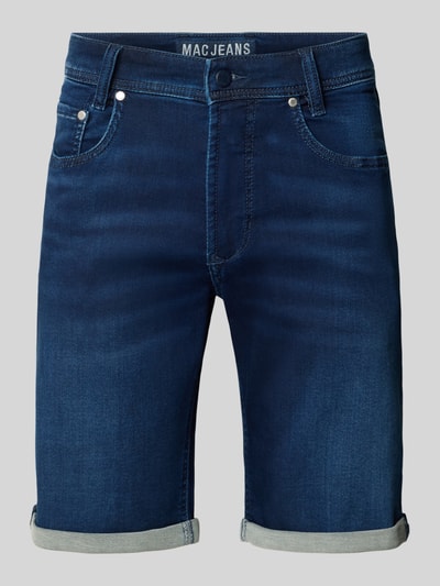 Produktfoto, Bermudas in Denim-Optik mit Eingrifftaschen von MAC, Regular Fit, blauer Used-Look, Baumwoll-Elasthan-Mix, Umschlag am Bein.