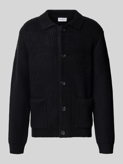 Produktfoto, Relaxed Fit Strickjacke aus elastischem Baumwoll-Mix von Lindbergh in Schwarz mit Umlegekragen, Knopfleiste und elastischen Abschlüssen.