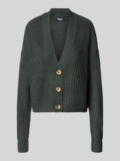 Productfoto, donkergroen boxy gebreid jack met v-hals, grove textuur, houten knopen, Boxy Fit Strickjacke mit V-Ausschnitt model 'CAROL' van ONLY, Dames