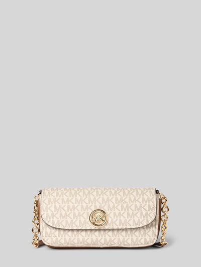Produktfoto, Falp Chain Bag mit Steckfach Modell 'NOLITA' von MICHAEL Michael Kors in beige mit goldfarbener Gliederkette, Label-Print, Überschlag, Magnetverschluss, Steckfach innen, Maße 20x14x6 cm, verstellbarer Schulterriem 117 cm